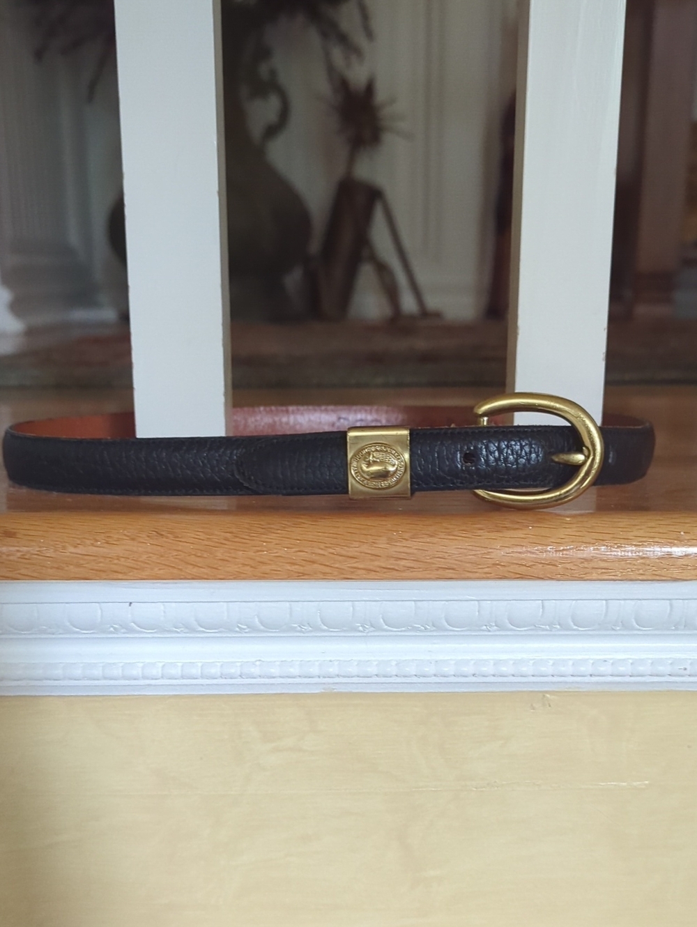 Dooney & Bourke Black Leather Belt with Gold Hardware and Tan Interior